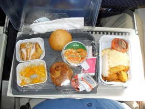 Meal on plane (Can you identify the scramble eggs and the non-meat sausage link?)